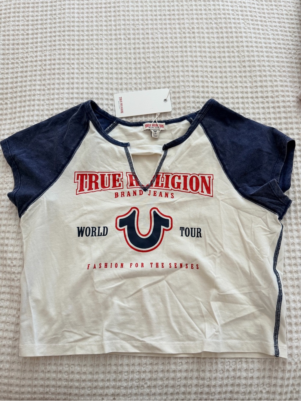 True Religion White Tee with Navy Trim and Red Logo